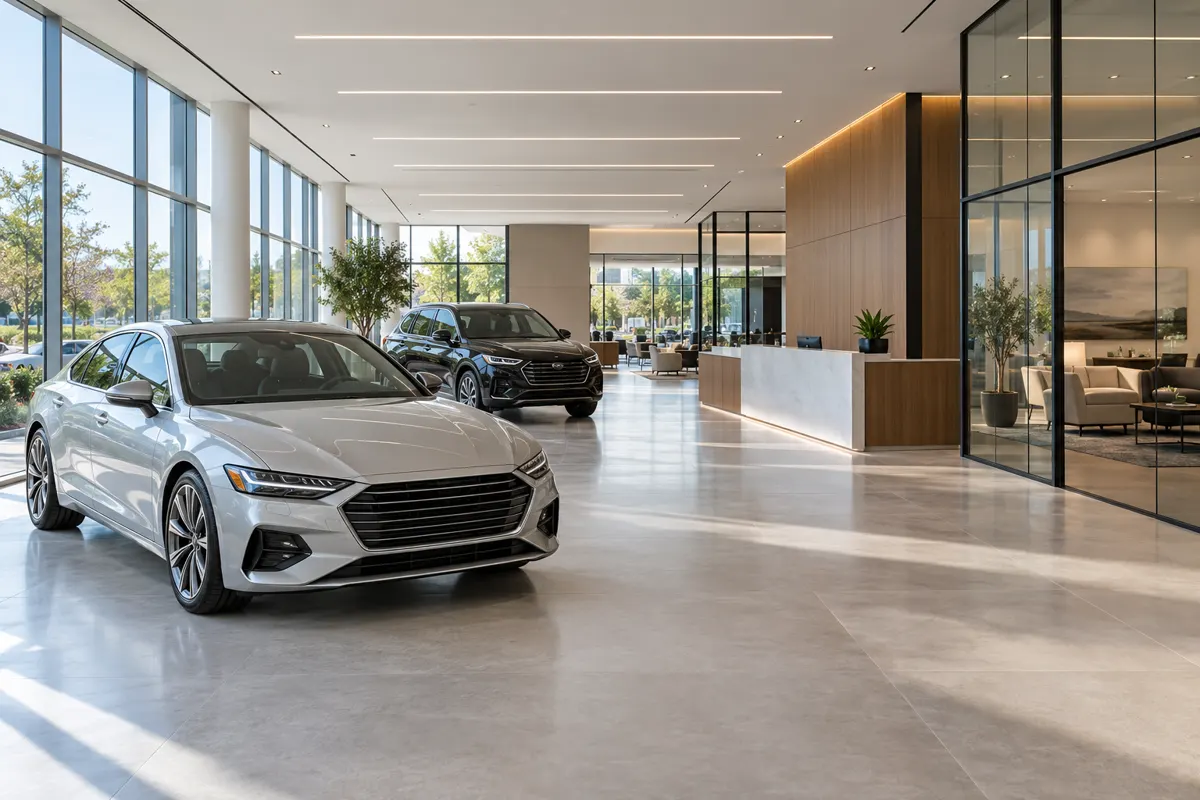Illustrative modern dealership showroom with vehicles, reception and lounge